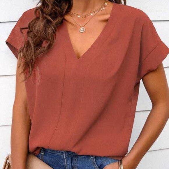 NWT V‑Neck Short Bat Sleeve Loose Top Rust Casual Women’s Blouse Small - Picture 1 of 3